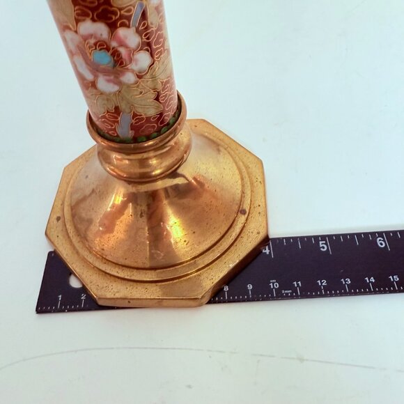 Cloisonne Brass Candlestick Holders Floral Bird Set Of 2 VTG Eclectic Home Decor - Picture 11 of 15